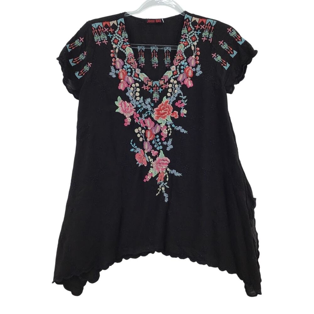 Johnny Was Hinga Tunic‎ Blouse Womens XS Black Floral Embroidered Cupra C28118
